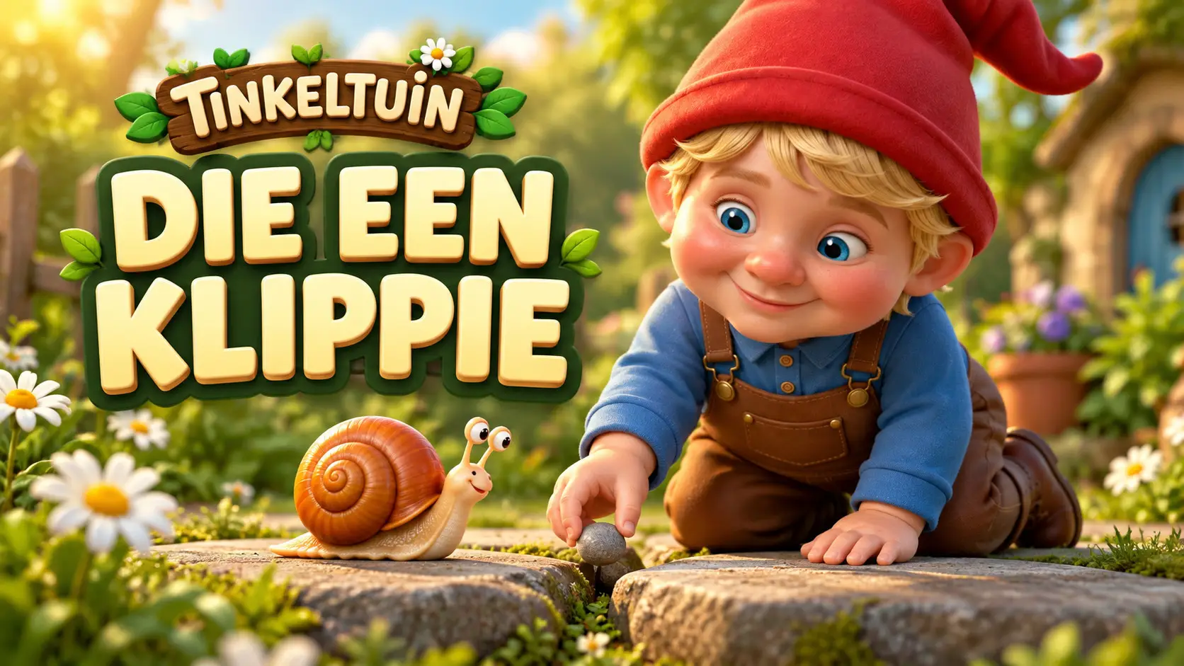 Tjoppie help ’n slakkie met ’n klippie tussen die tuinpaadjie se klippe in Die Een Klippie.